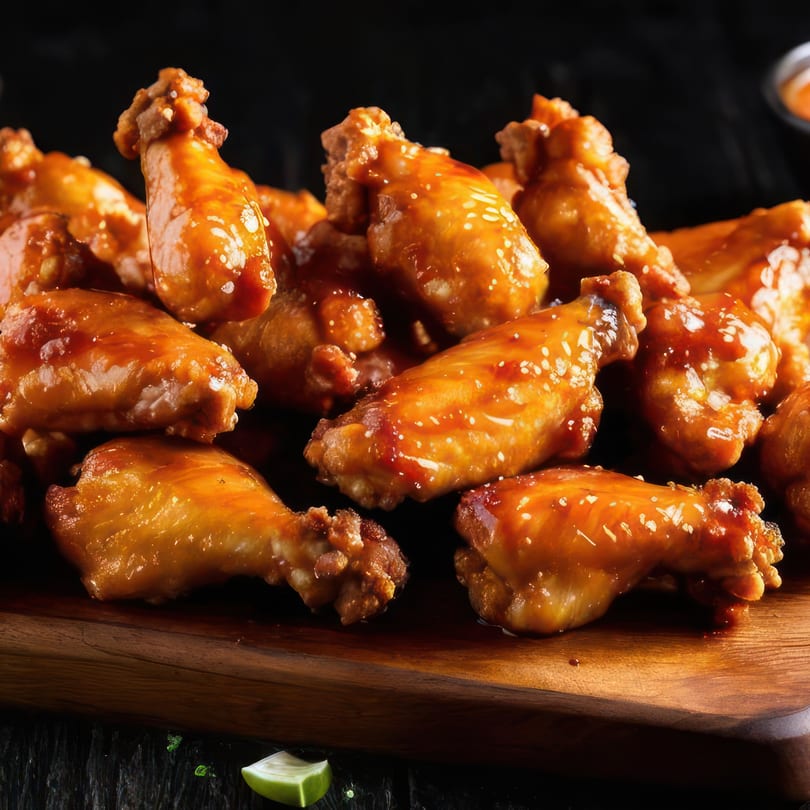 Pile of glossy, golden-brown chicken wings with a sweet sauce and salt flakes on a wooden board.