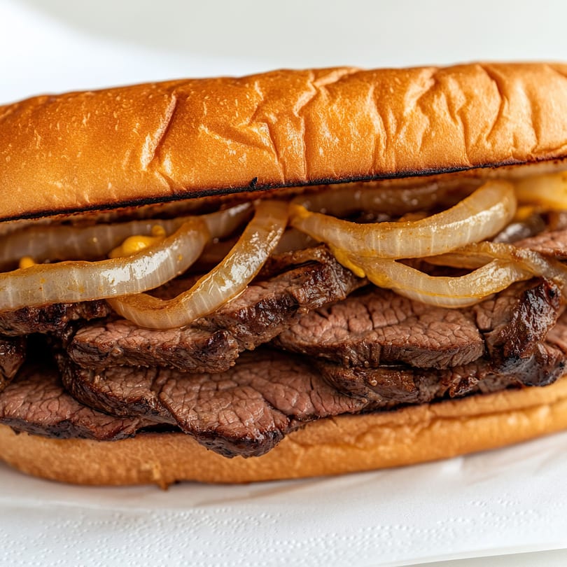 Close-up of a Gyro Wrap sandwich filled with sliced meat, grilled onions, and a golden bun.