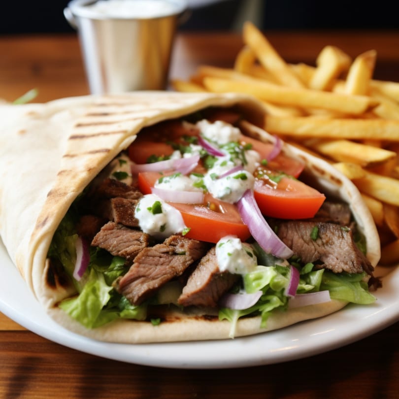 Gyro Wrap's gyro with sliced meat, lettuce, tomatoes, onions, and tzatziki sauce, served with fries.
